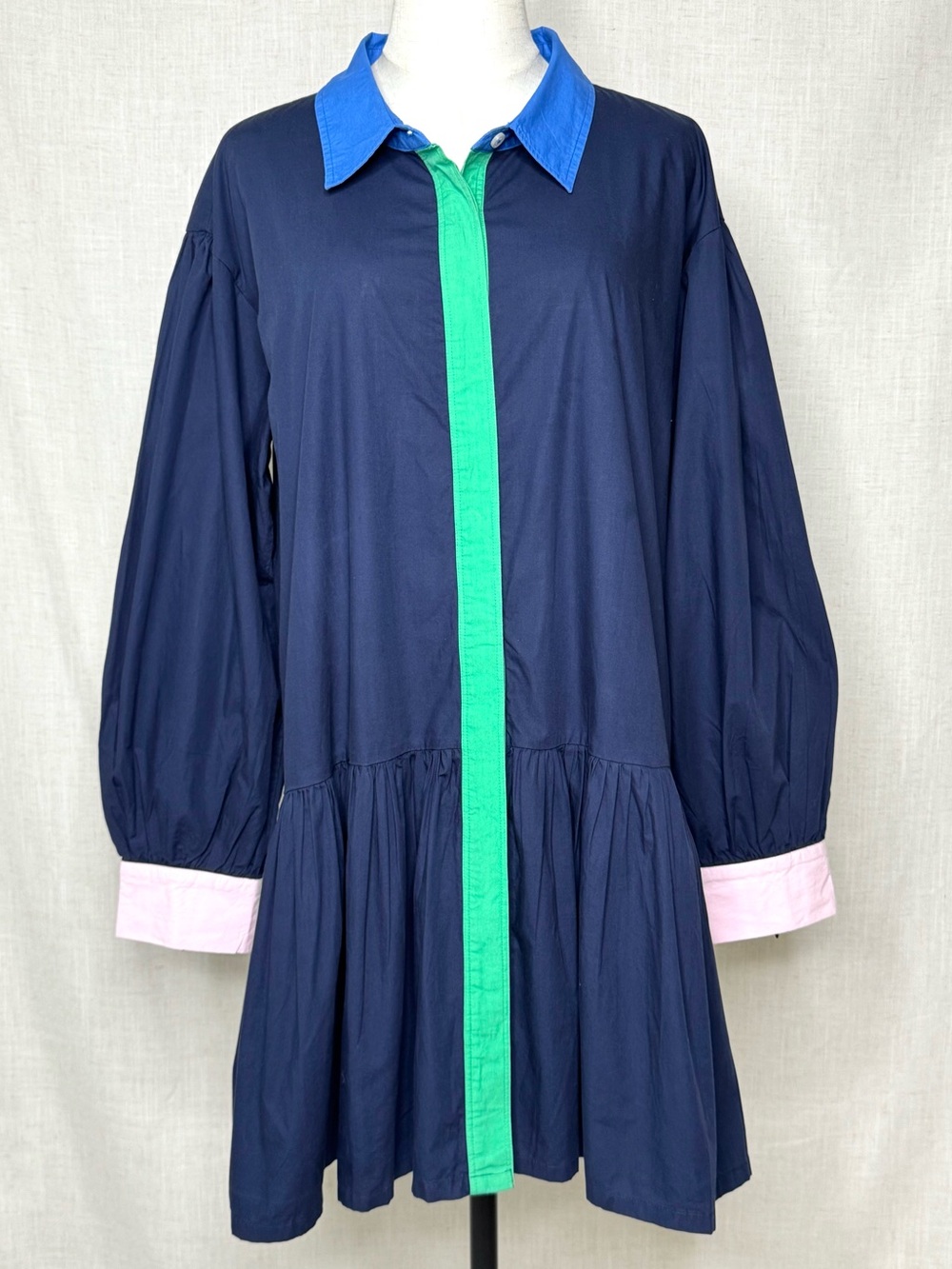 Addison Bay Colorblock Poplin Shirt Dress Navy Green Pink Size Large